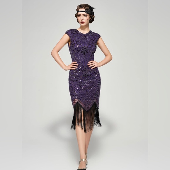 Elegant Purple Midi Dress with Fringe - Picture 1 of 16